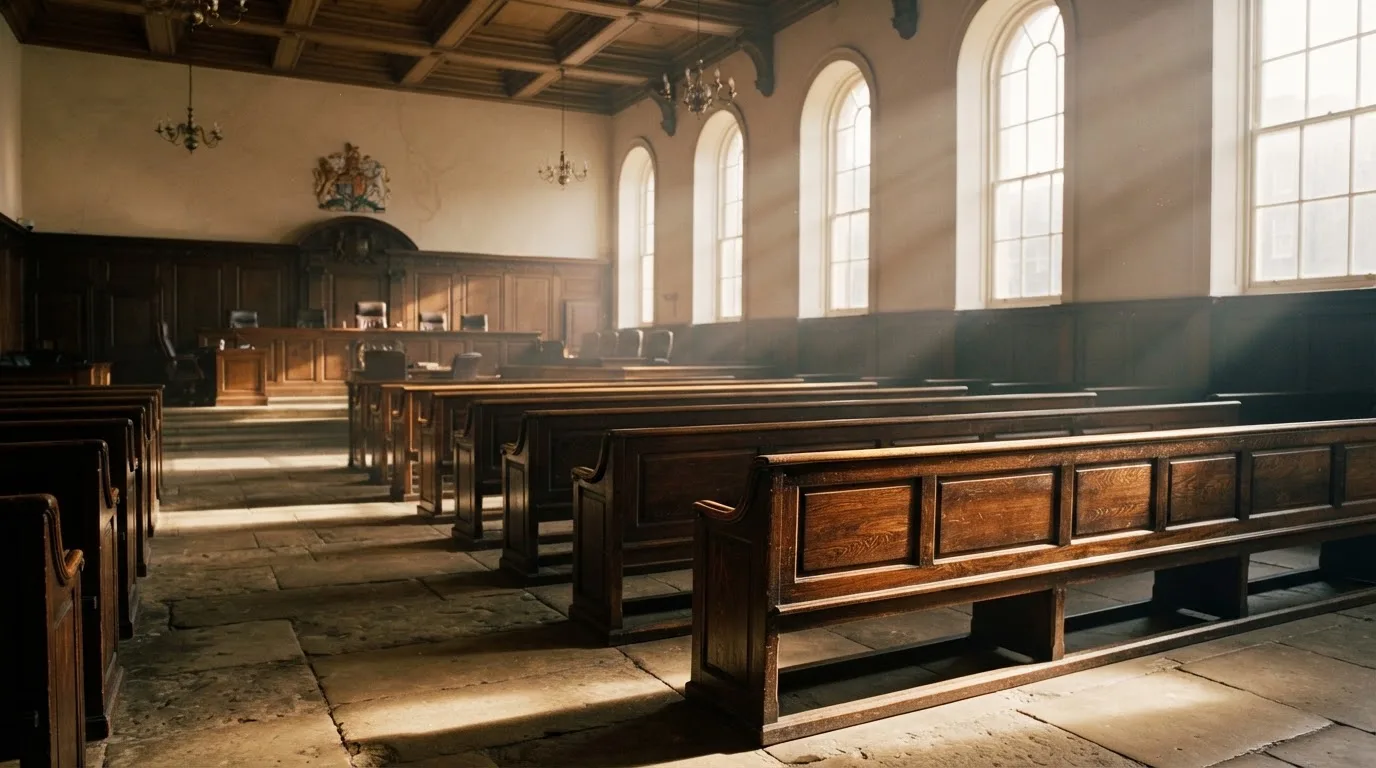 An empty courtroom with wooden benches in morning light