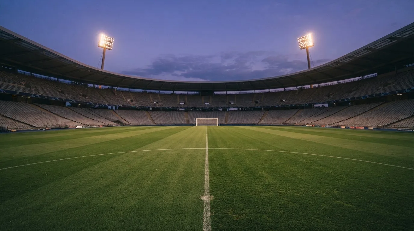 An empty football stadium with floodlight masts at dusk