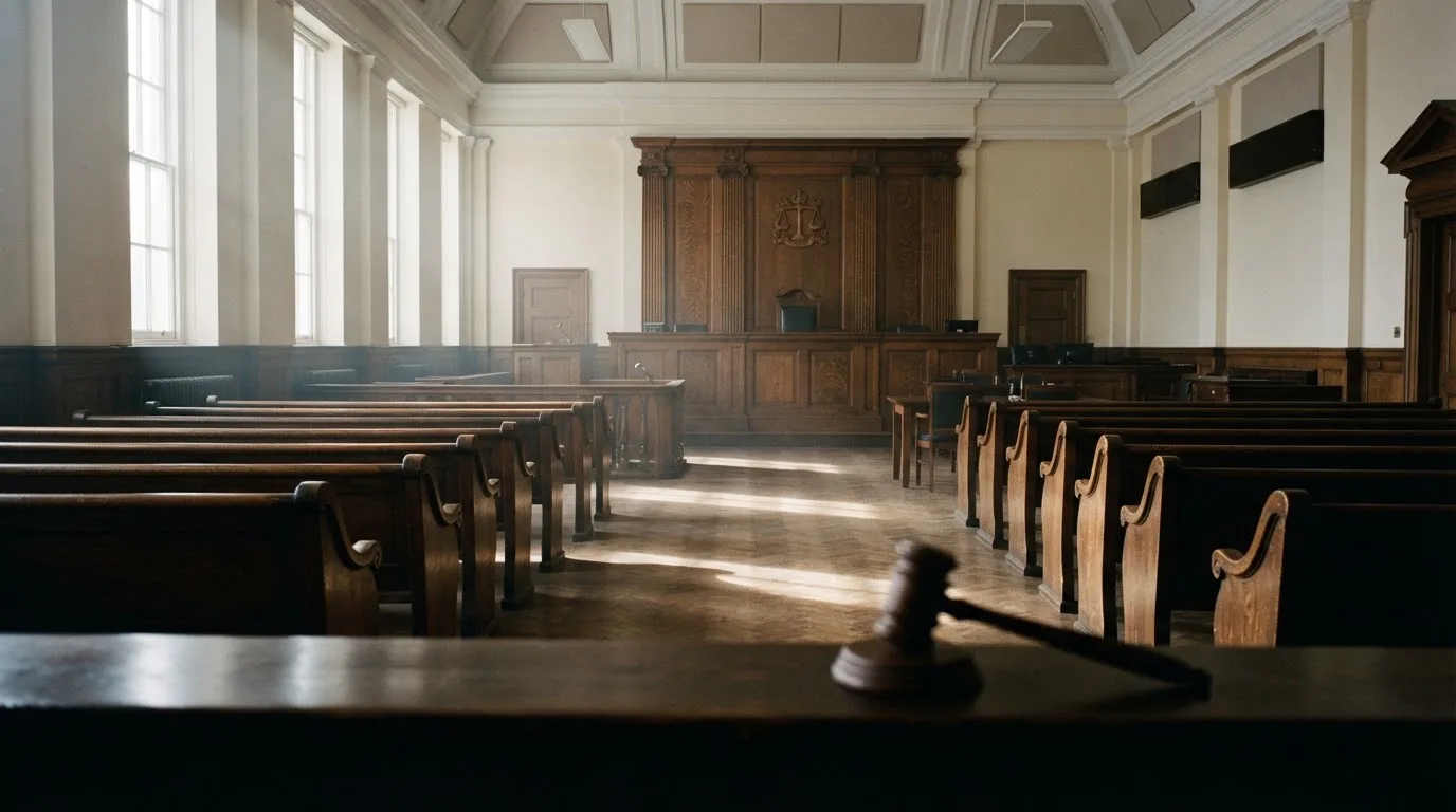 An empty courtroom with wooden benches in morning light