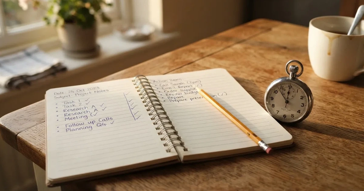 An open notebook with a pencil and a stopwatch on a wooden table