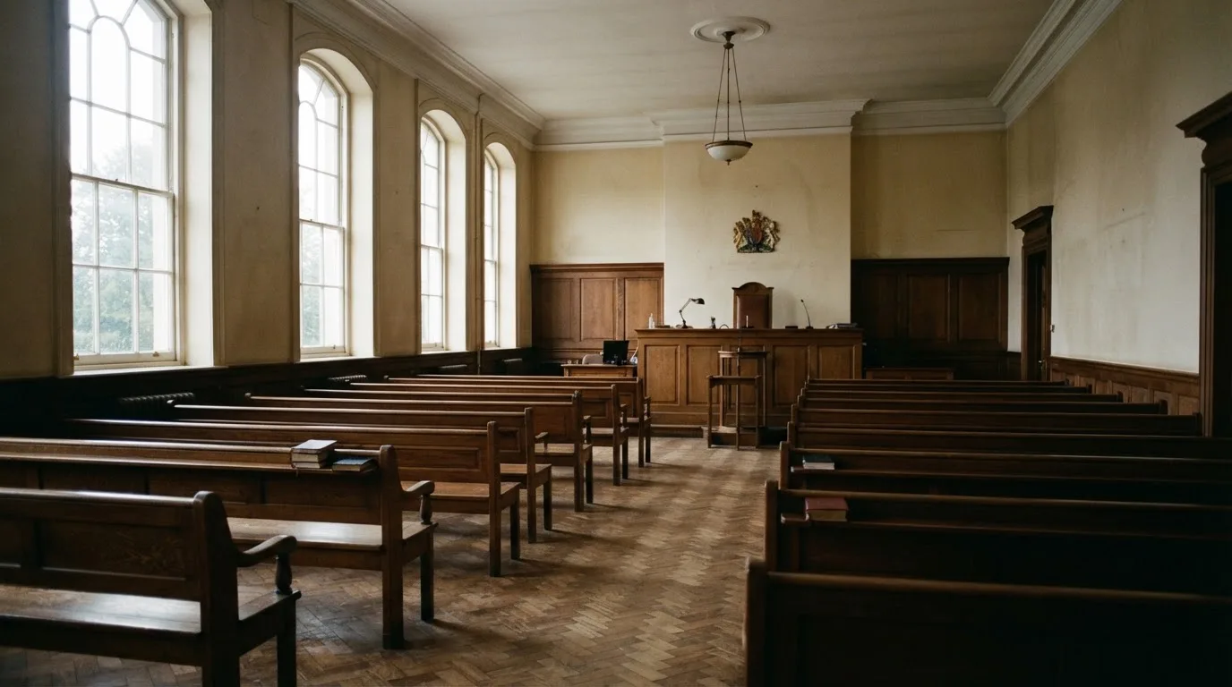 An empty courtroom with wooden benches in morning light