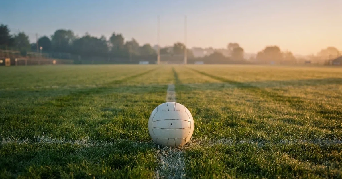 A ball on the centre spot of a grass pitch in morning light
