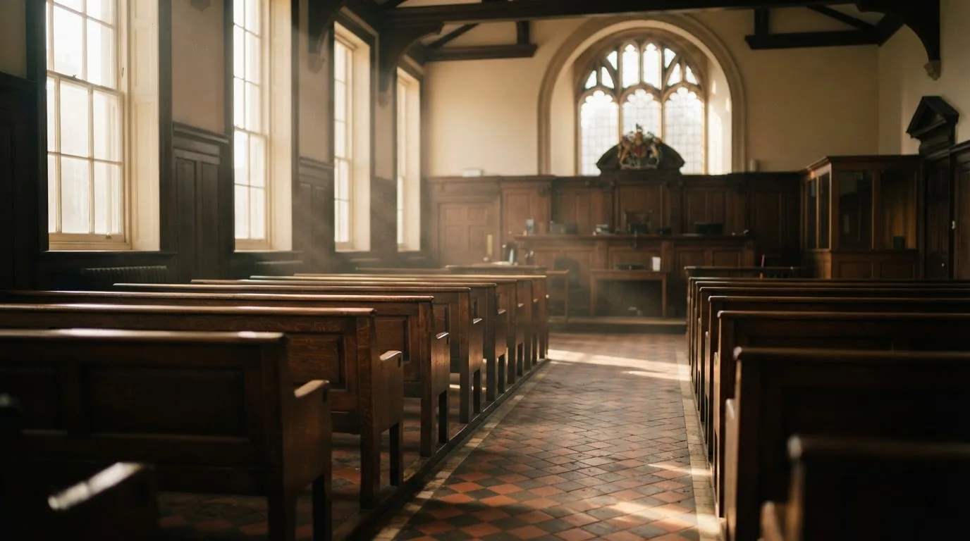 An empty courtroom with wooden benches in morning light
