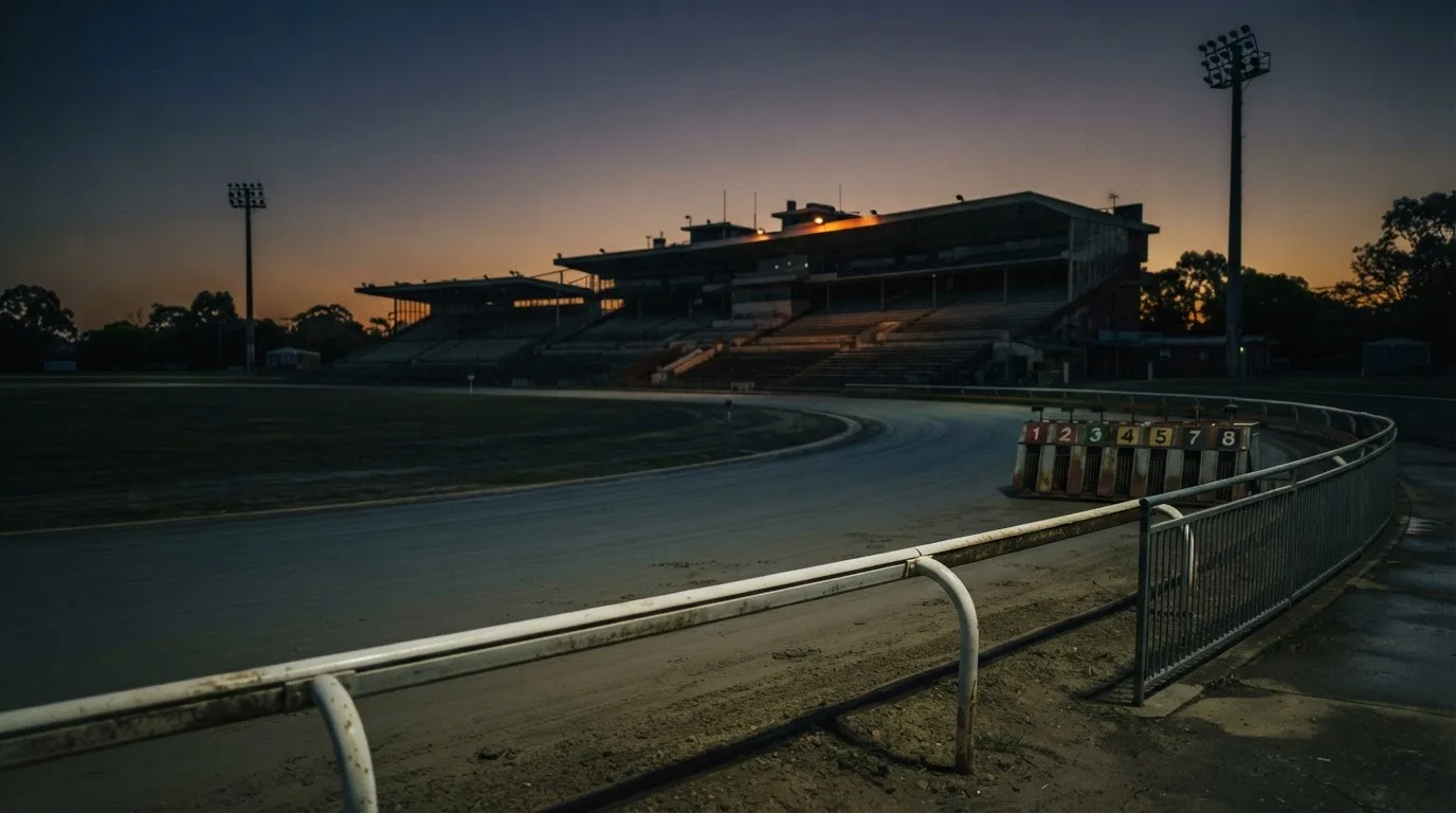 An empty football stadium with floodlight masts at dusk