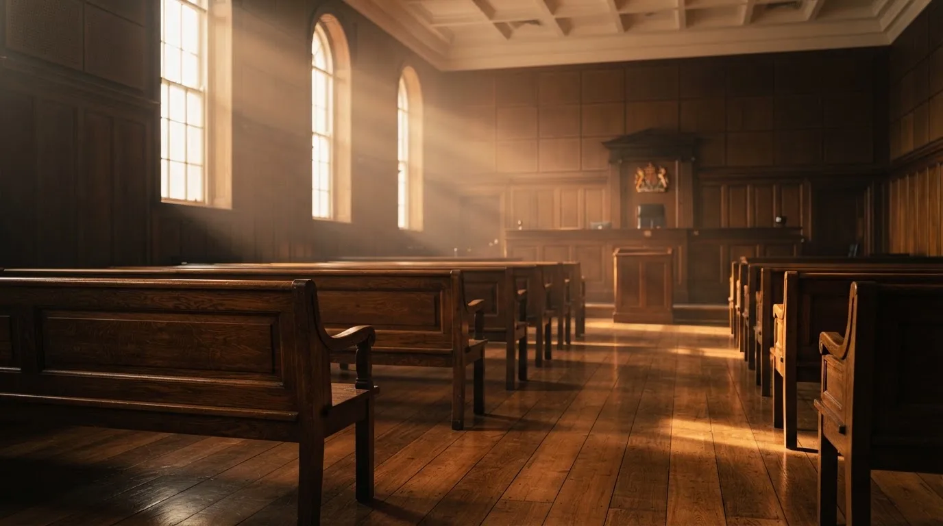 An empty courtroom with wooden benches in morning light