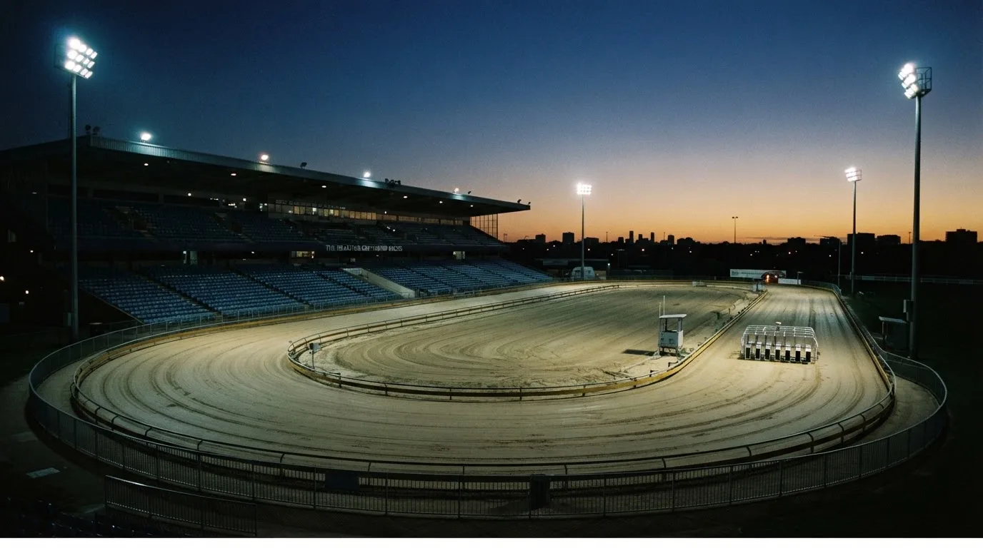 An empty football stadium with floodlight masts at dusk