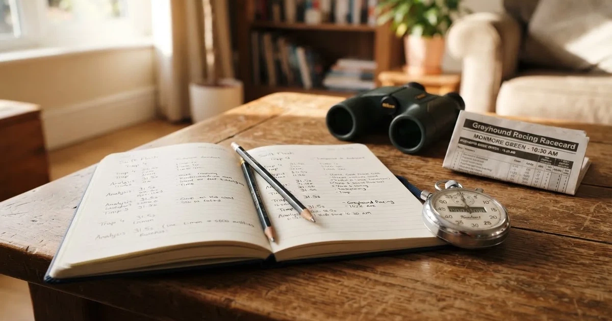 An open notebook with a pencil and a stopwatch on a wooden table