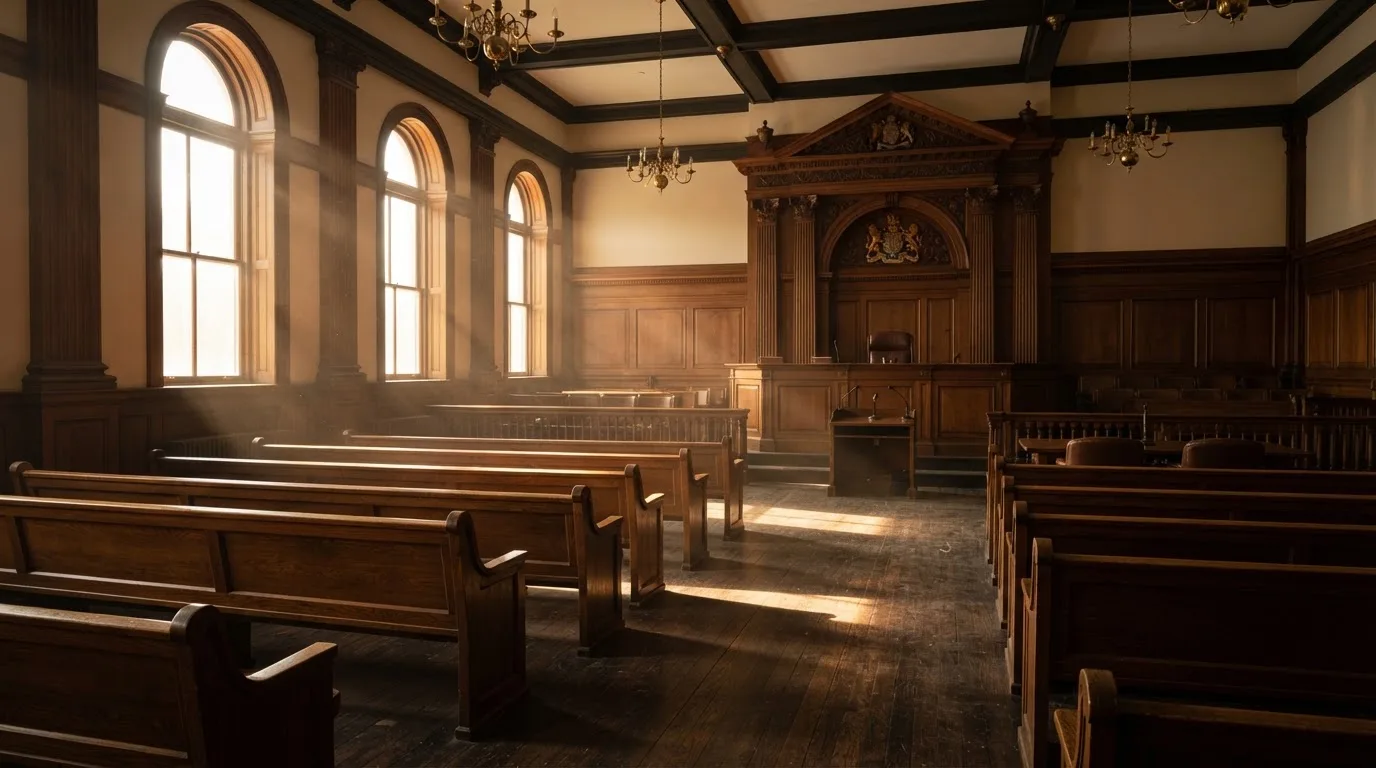 An empty courtroom with wooden benches in morning light