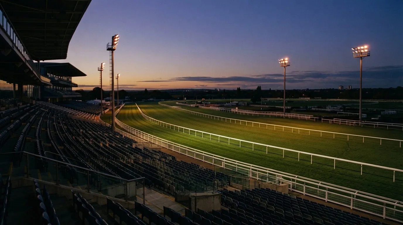An empty football stadium with floodlight masts at dusk