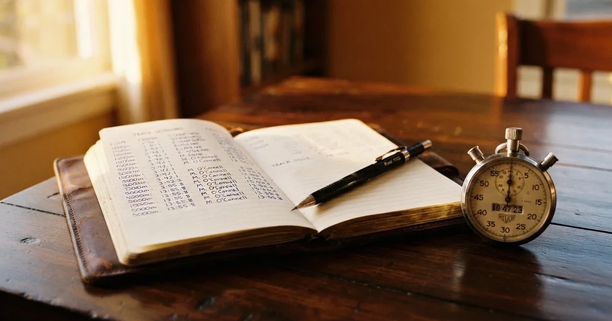 An open notebook with a pencil and a stopwatch on a wooden table