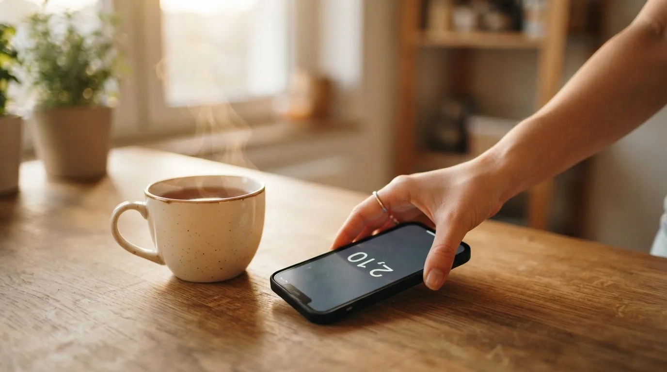 A hand setting a smartphone down beside a cup of tea on a kitchen table on a quiet evening