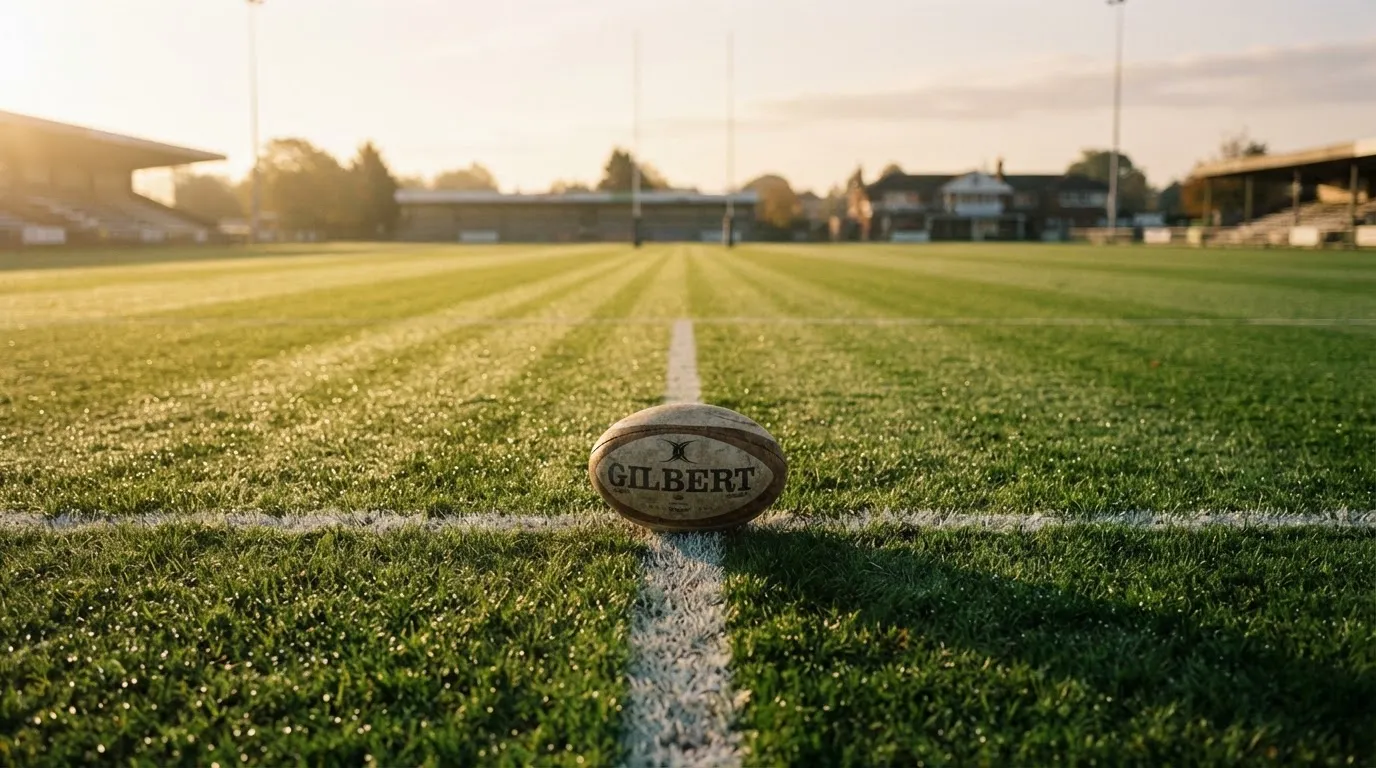 A ball on the centre spot of a grass pitch in morning light