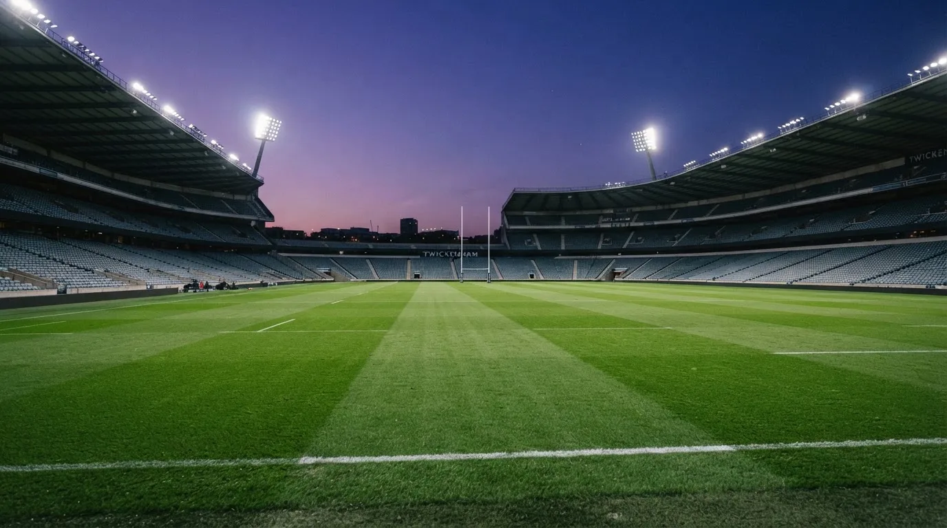 An empty football stadium with floodlight masts at dusk
