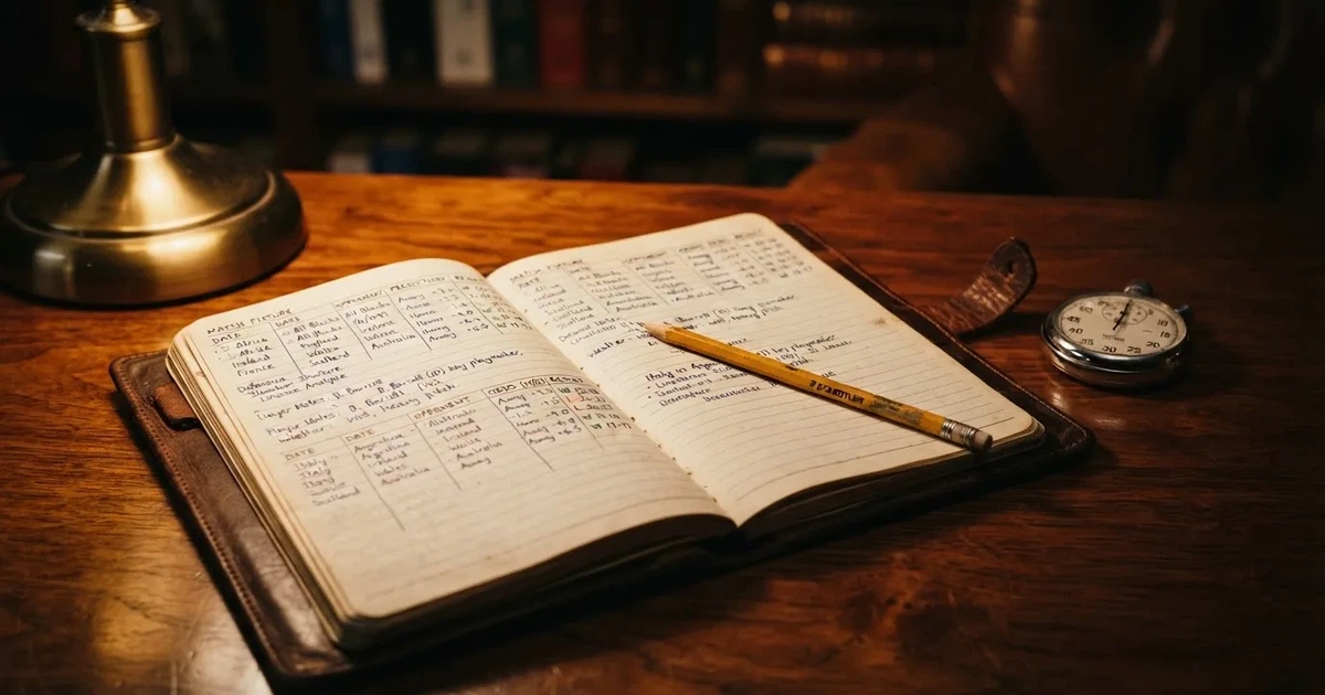 An open notebook with a pencil and a stopwatch on a wooden table