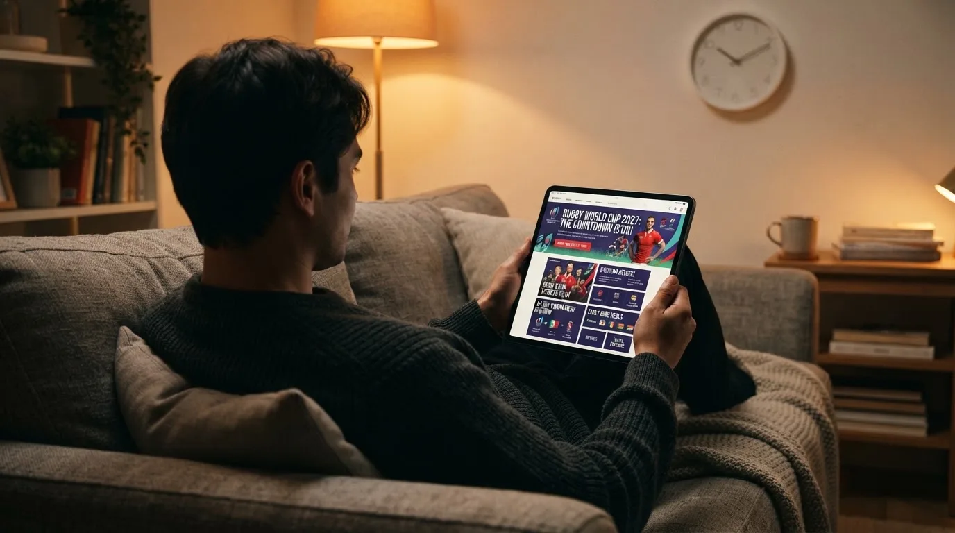 A person on a sofa looking thoughtfully at a tablet, a wall clock in the background
