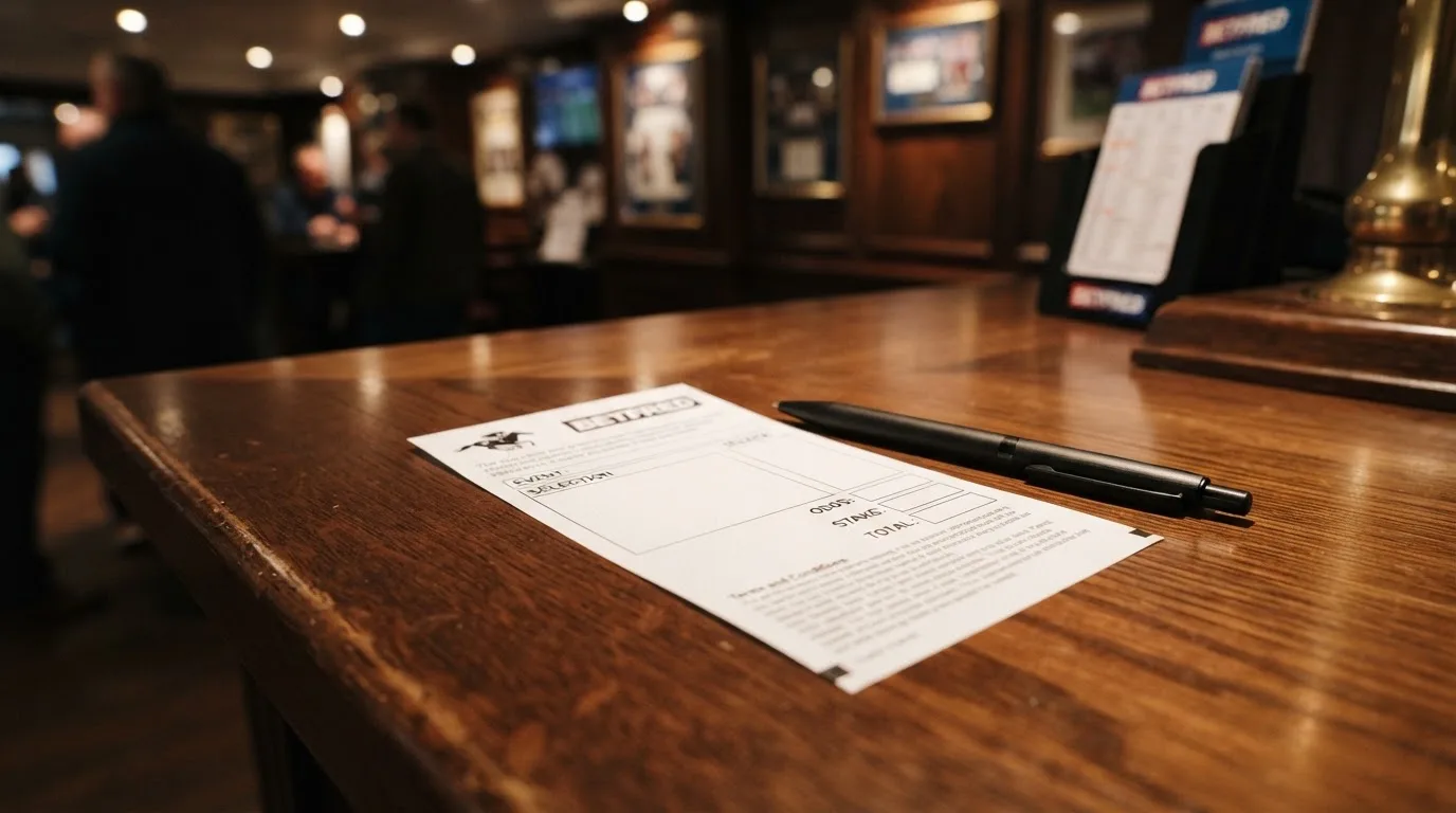 A blank paper betting slip beside a pen on a wooden counter