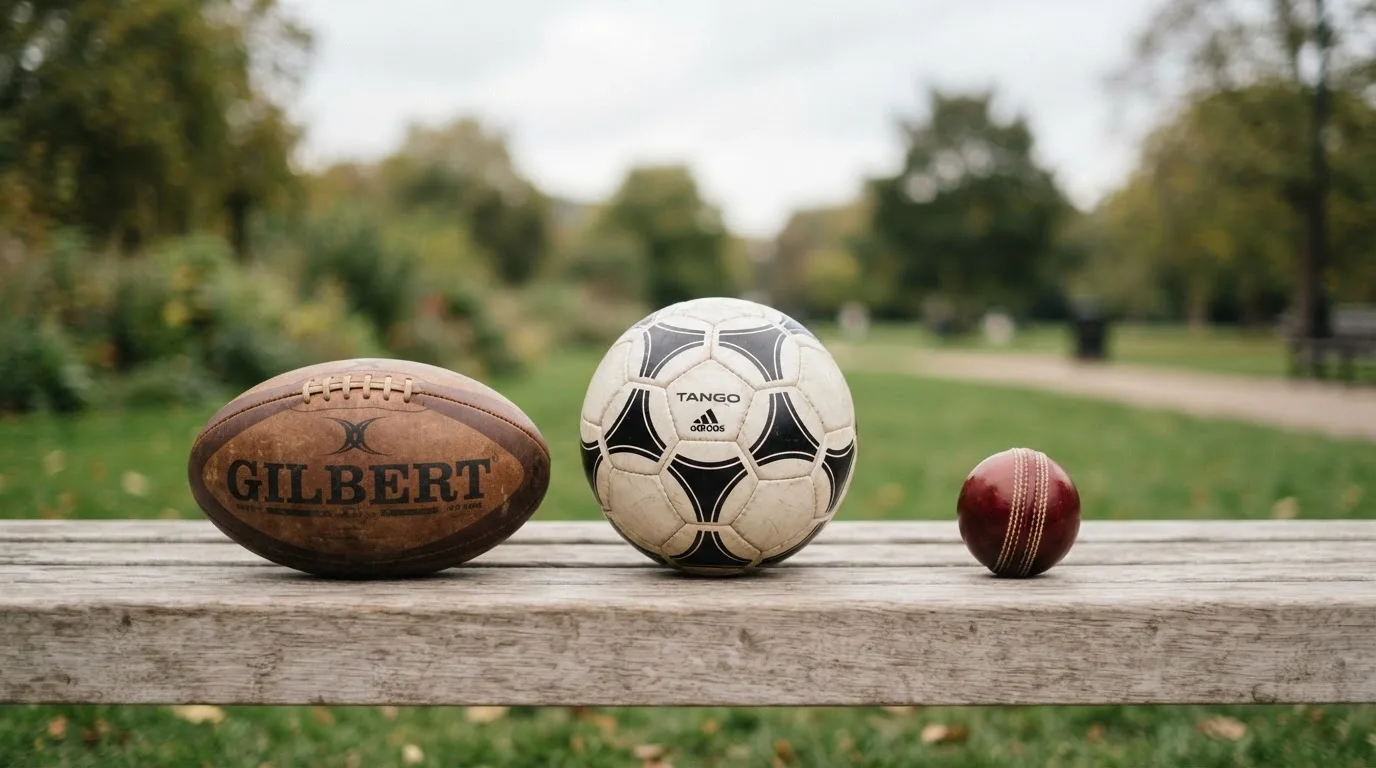 Three balls of different kinds side by side on a wooden bench