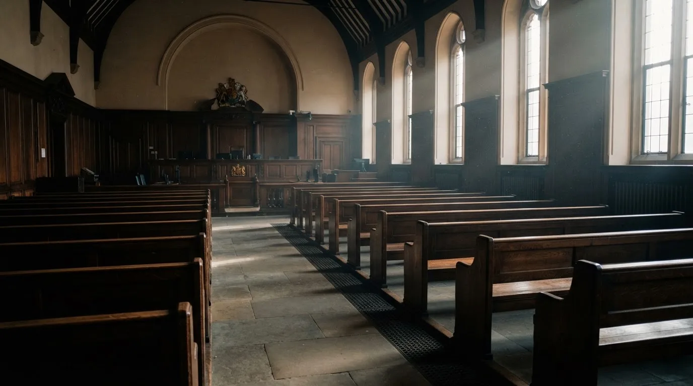 An empty courtroom with wooden benches in morning light