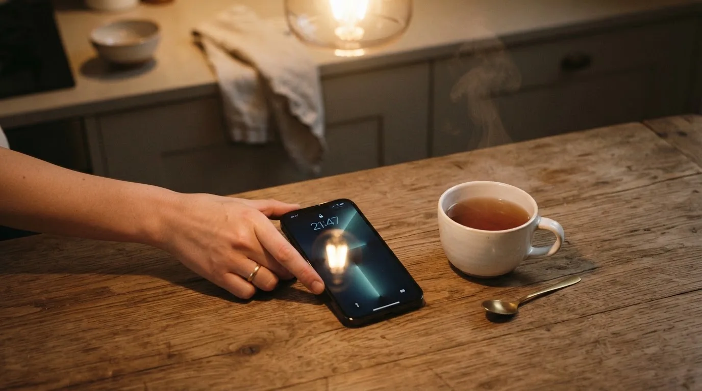 A hand setting a smartphone down beside a cup of tea on a kitchen table on a quiet evening